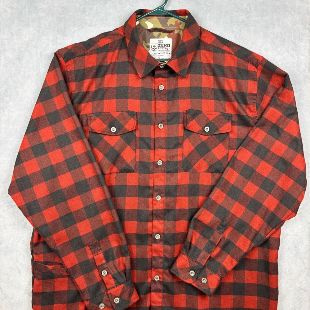 Zero Foxtrot Mens 3XL Red Black Buffalo Plaid Flannel Button Down Shirt Camo